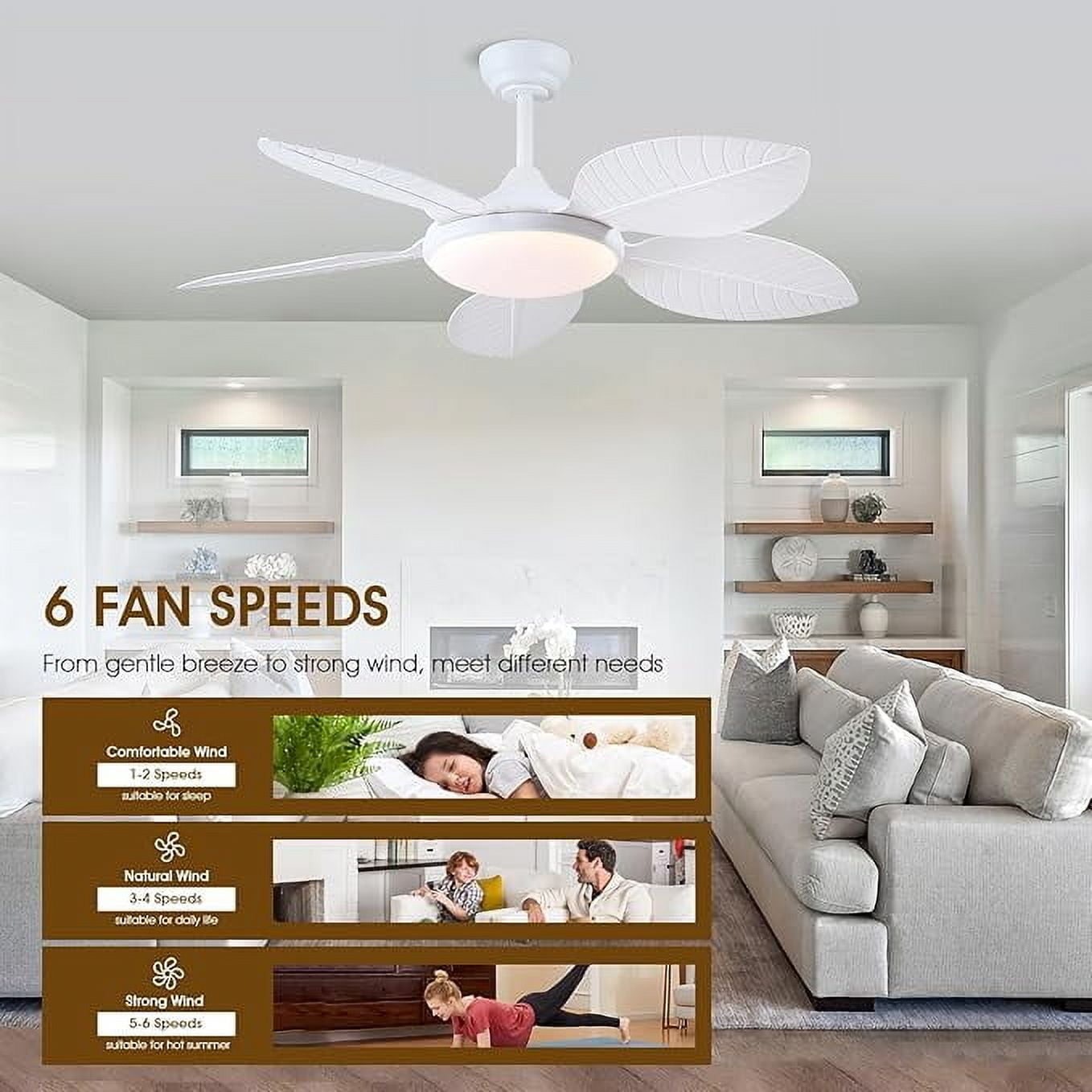 YIOSI 48" Tropical Ceiling Fan with LED Lights, Remote/APP Control, 6 Speeds, Dimmable, Reversible Palm Leaf, Quiet Motor, Adjustable Height, Indoor/Outdoor