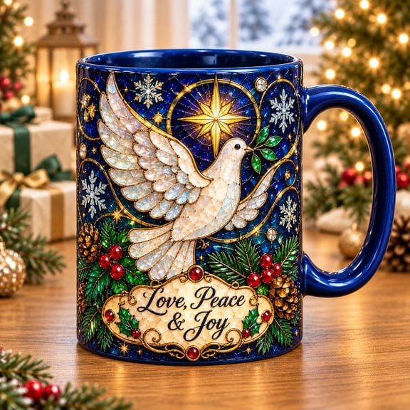 Ceramic Mug Christmas Dove Stained Glass Style Coffee Cup for Holiday Gift Giving