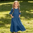 thumbnail image 5 of Antinious Girls Solid Pleated 3/4 Sleeve Round Neck Casual Versatile Wear Dress, 5 of 5