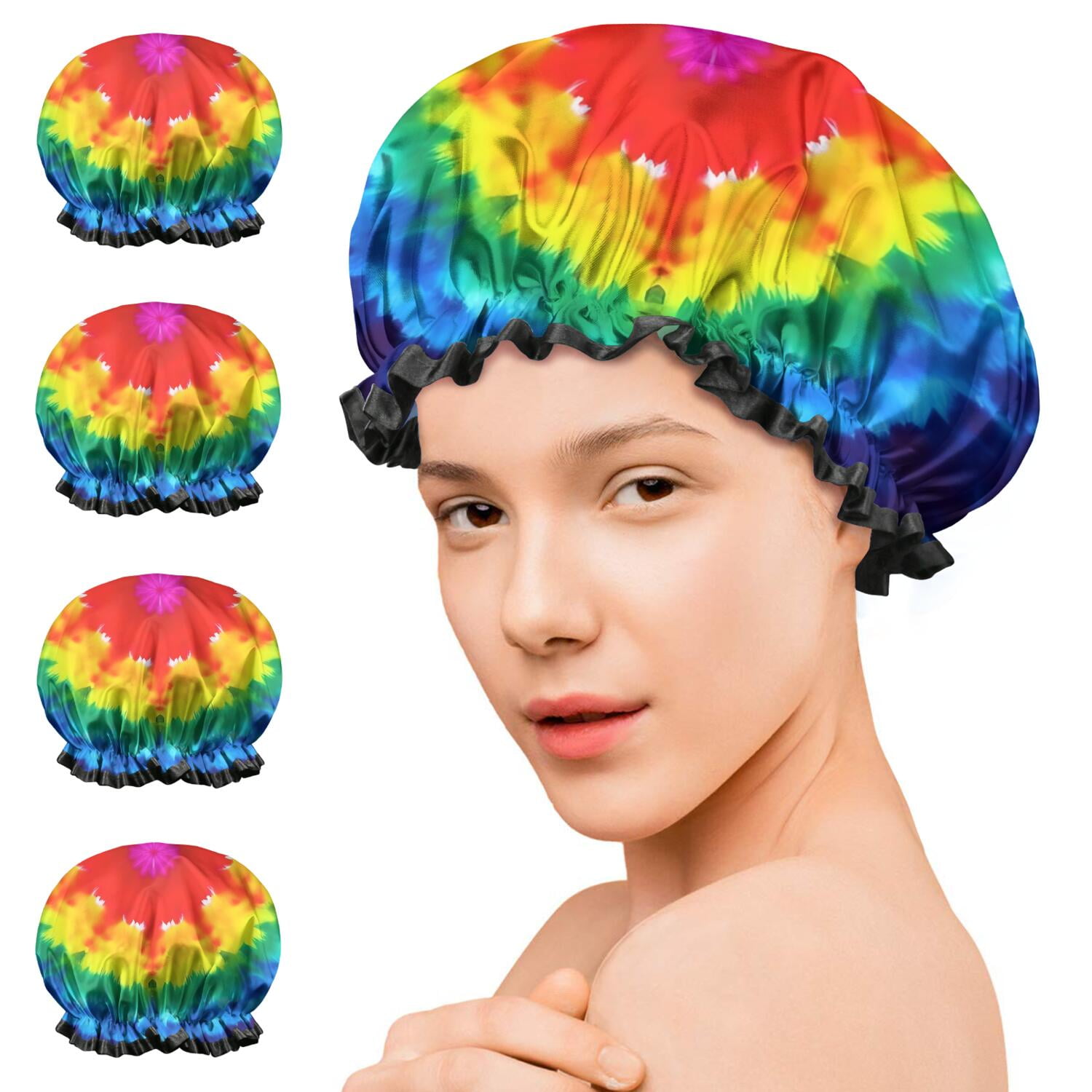 Shower Caps,Colorful Rainbow Tie Dye Spiral Pattern Waterproof Shower Cap for Women 4 Pieces,Double Reusable Hair Cover for Shower PEVA Elastic Stretch Hem