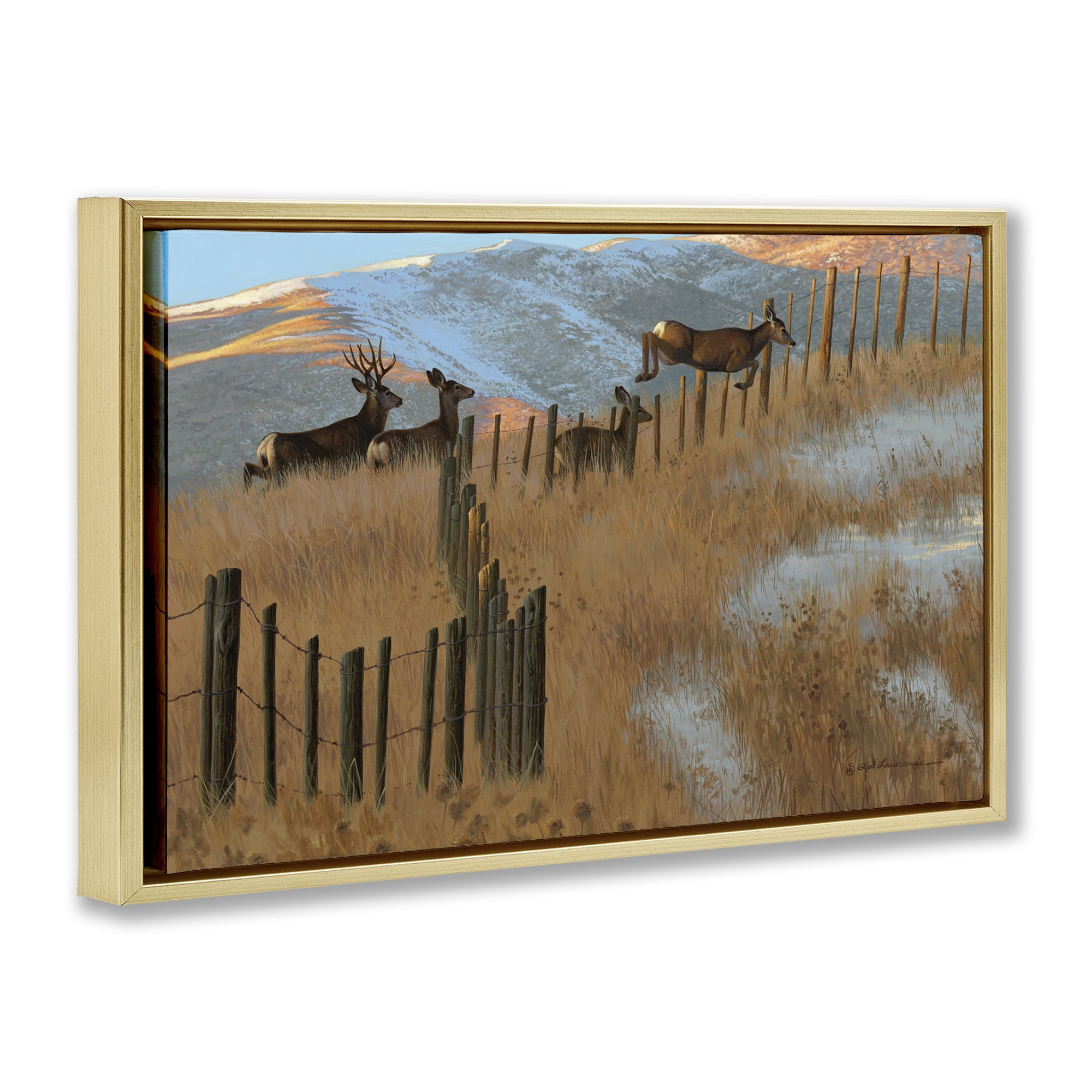 Stupell Industries Deer Jumping Country Fence Landscape & Nature Painting Gold Floater Framed Canvas Art Print Wall Art, 25 x 17