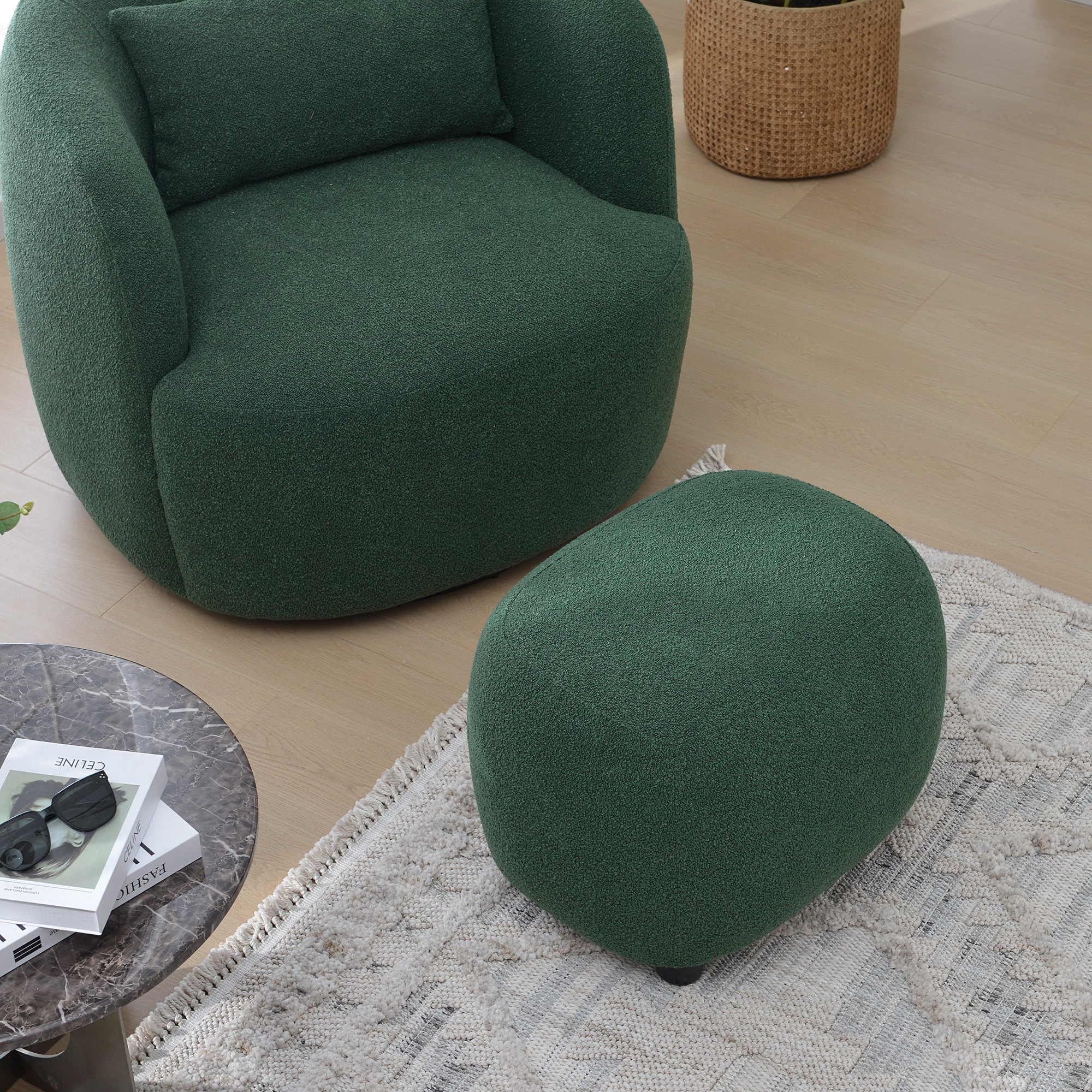 Round Boucle Upholstered Ottoman Chair, Footstool with Soft Padded Seat, Fully Assembled Modern Sofa Couch Footrest, Extra Seating for Bedroom Entryway, Green(18.5" D x 23" W x 16.5" H)