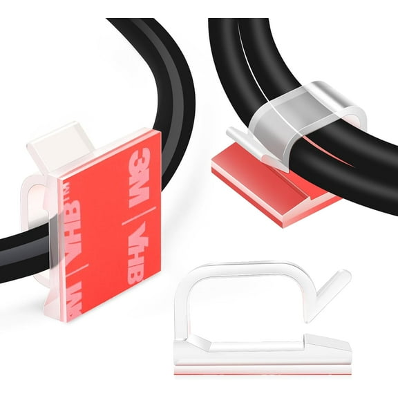 Superior Hub 60 PCS 3/4” Adhesive Cable Wire Clips Clear, Cable Staples Outdoor Cable Management Wire Organizer Cord Holder for Under Desk, Car, Wall, TV PC Ethernet Cable WCL7-clear-60p
