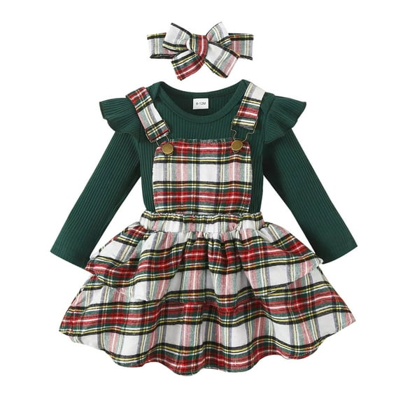 Baby Girl Christmas Clothes Plaid Outfits Long Sleeve Romper Overall Skirt Dress Cute Newborn Outfit Festive Wear五点描述: