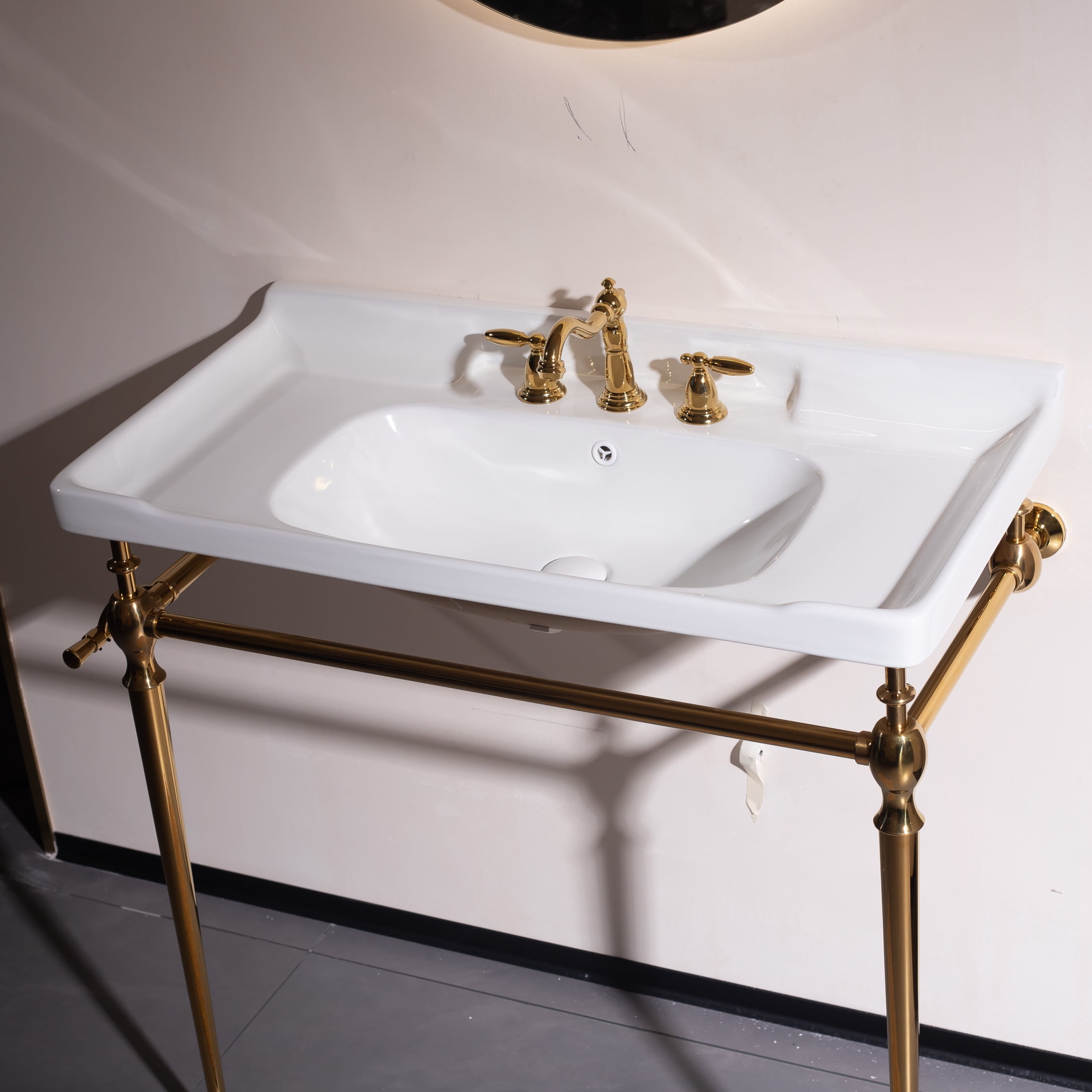 Noble House VICI 36" Bathroom Console Sink, Wall-Mounted Ceramic Basin Vanity with Stainless Steel Legs, White & Gold