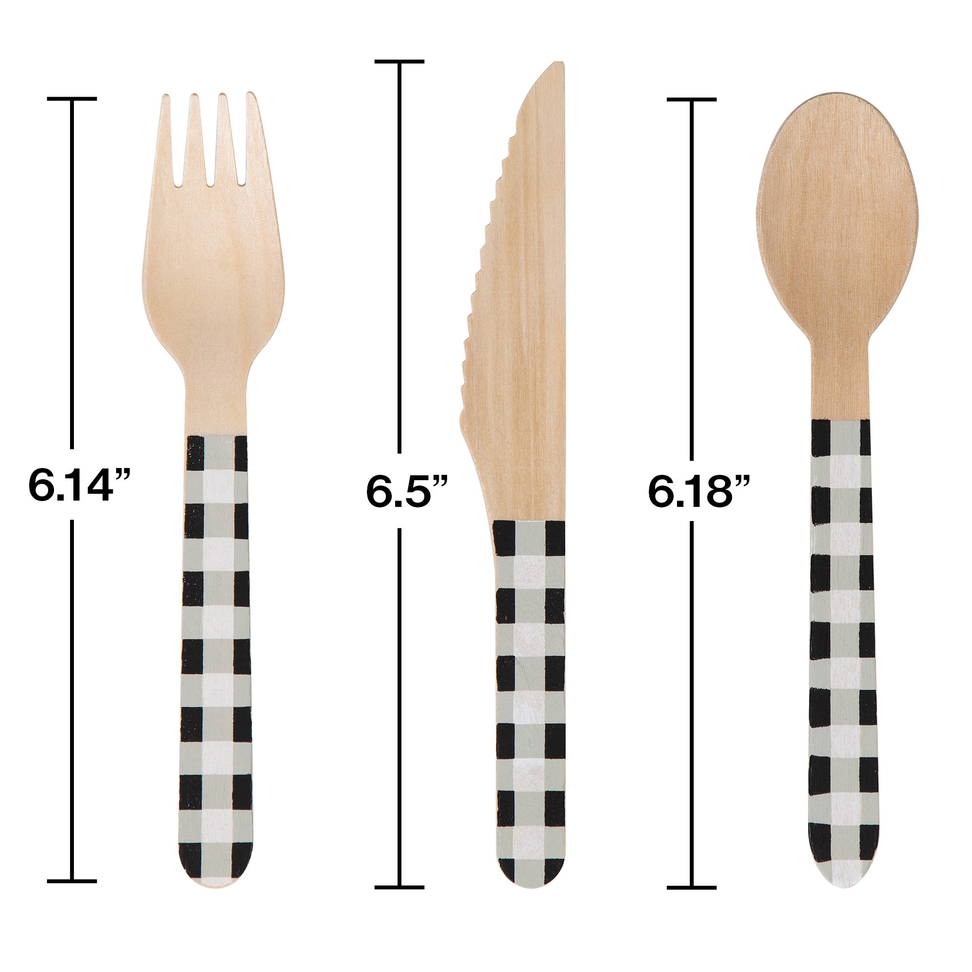 Black and White Gingham Wooden Assorted Cutlery, 24 Count by Way to Celebrate