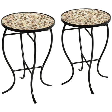 Teal Island Designs Modern Black Round Outdoor Accent Side Tables 14" Wide Set of 2 Natural Mosaic Tabletop for Front Porch Patio Home House