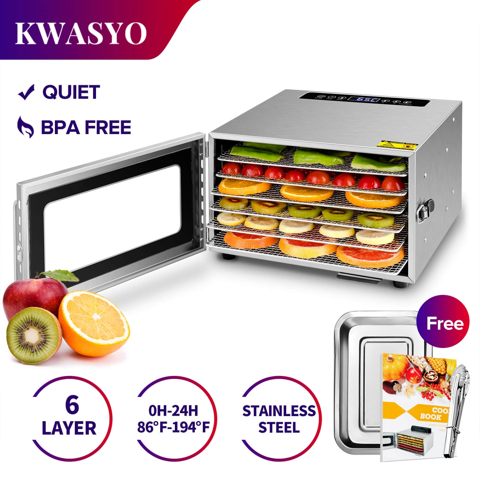 KWASYO 6 Tray Stainless Steel Food Dehydrator 400W, 6 Tray Fruit