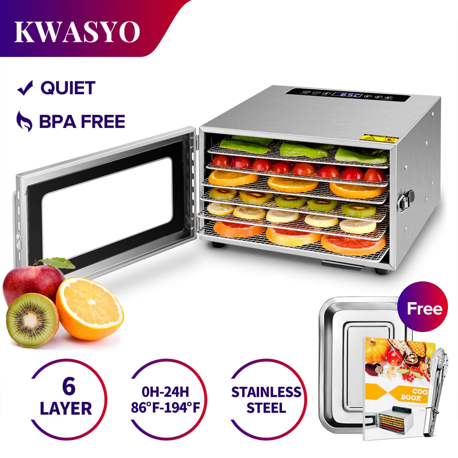 KWASYO 6 Layers Commercial Stainless Steel Food Dehydrator for Food and