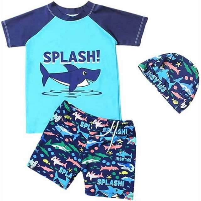 Traje de baño de 3 piezas para niños pequeños, camiseta de natación, pantalones cortos de natación, gorro de natación