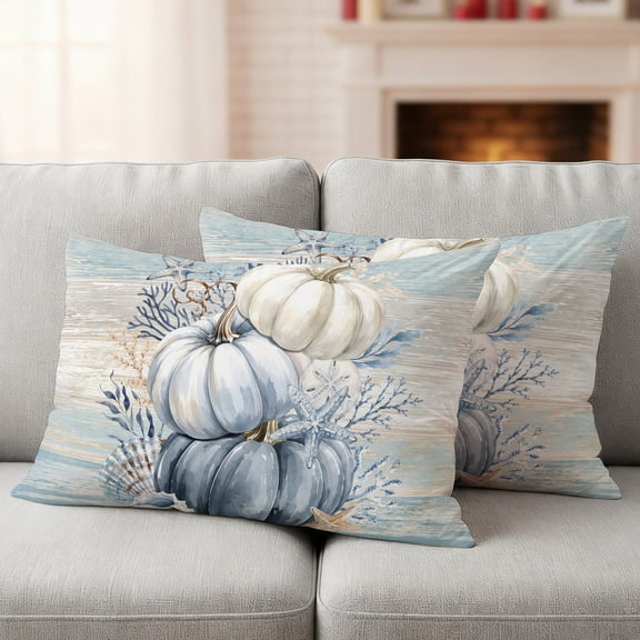 Navy Blue Pumpkins Fall Outdoor Waterproof Throw Pillow Covers 20x12 Set of 2, Thanksgiving Vintage Coastal Decorative Pillowcases Cushion Pillowcase for Couch Sofa Patio Outside Pillow Protector