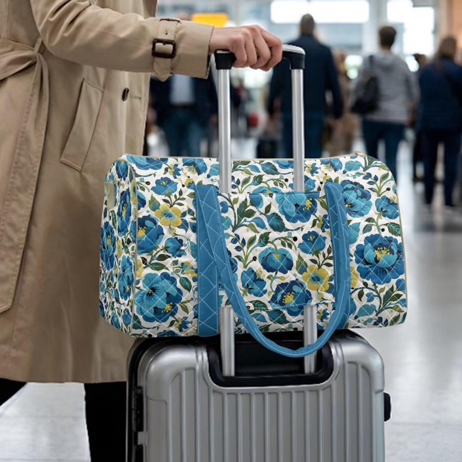 Chririnla Quilted Luggage Bag for Dad Universal Fit Travel Bag Soft Duffle with Separate Compartment & Smooth Zipper Fits, Blue Peony Pattern