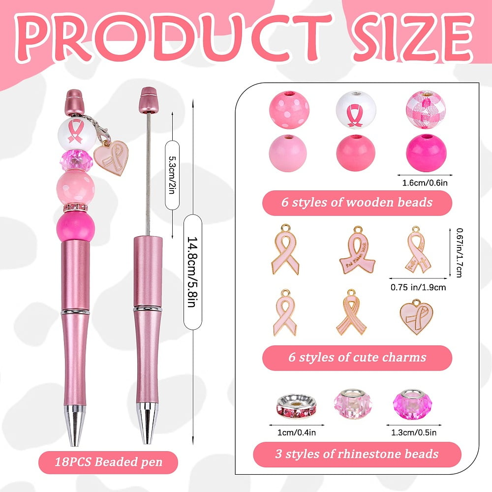 DIY Breast Cancer Awareness Theme Beadable Pen Making Kit Including Alloy Enamel Ribbon Pendant Wood & Glass European Beads ABS Plastic Ball-Point Pen Pink 162pcs/box