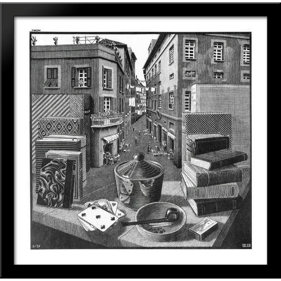 Still Life and Street 28x28 Large Black Wood Framed Print Art by M.C. Escher