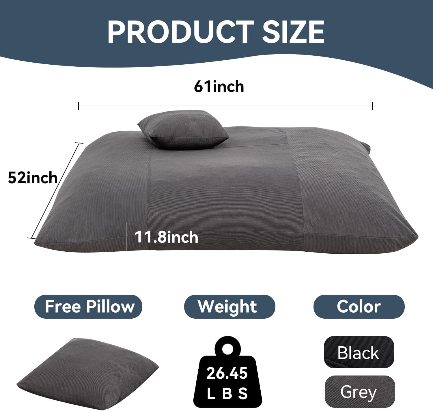 LEHZROAJ 3 in 1 Corduroy Bean Bag Chair with Pillow, Cozy Folding Sofa Bed for Adults Memory Foam Filled No Assembly for Living Room Bedroom,Gray