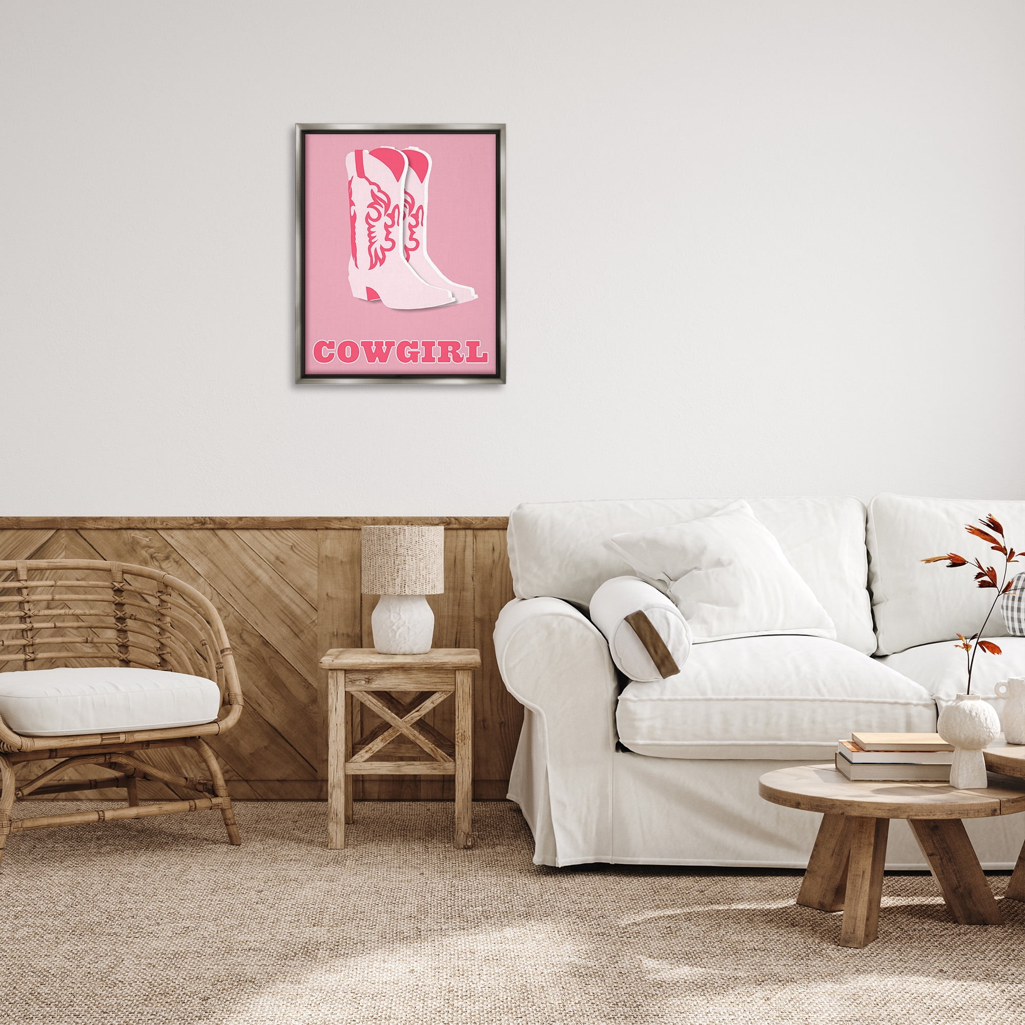 Stupell Industries Pastel Blush Cowgirl Boots Beauty & Fashion Painting Gray Floater Framed Canvas Art Print Wall Art, 25 x 31