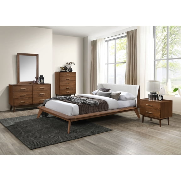 Stylish Mid-Century Modern 4pc Bedroom Set Full Size Bed Dresser Mirror Nightstand Platform Bed Fabric Winged Edge HB