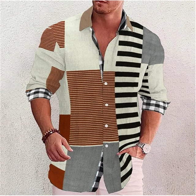 Camisa con botones y cuello estampado retro con patrón geométrico cuadrado para hombre, ropa informal de calle cómoda y suave, de talla grande