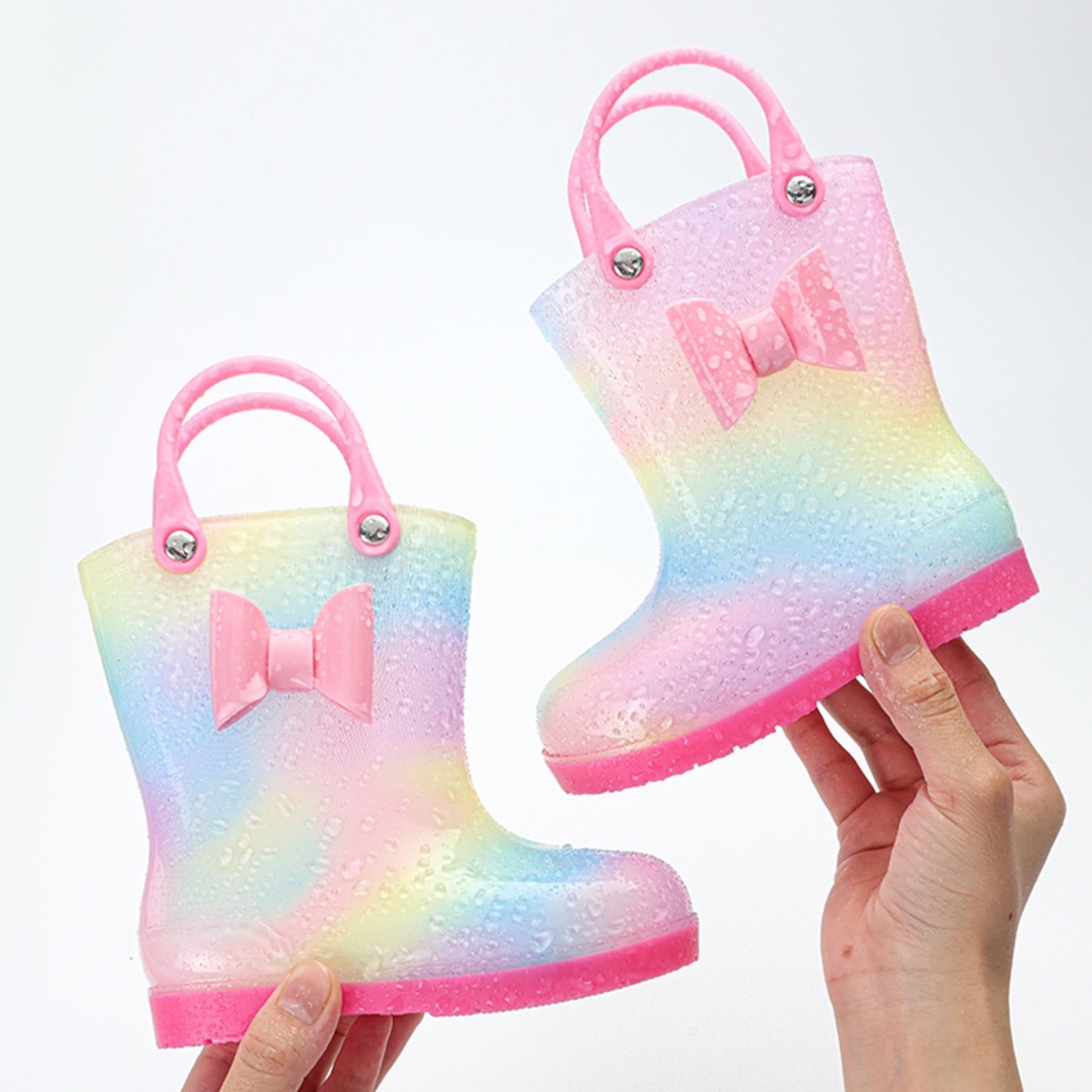 Otqutp Children Shoes Rain Boots Bowknot Colourful WaterproofKids Rain Boots Boys Girls Rubber Boots with Handles
