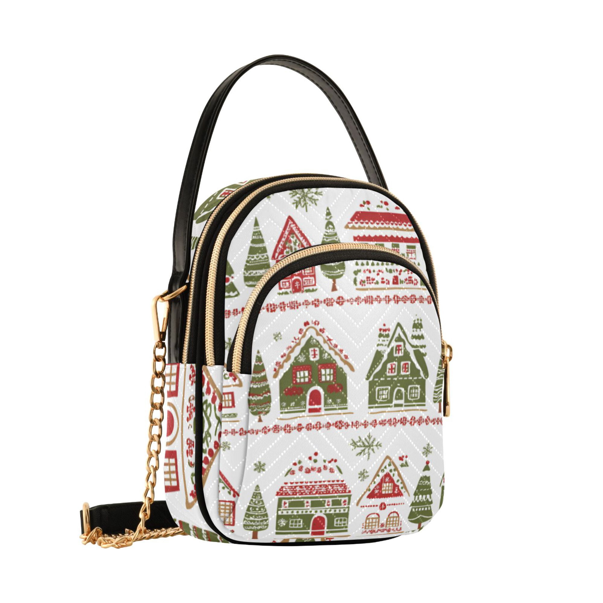 FORMRS Crossbody Bag for Women Quilted Travel Shoulder Cell Phone Purse with Chain Strap Handbag, Red Christmas House