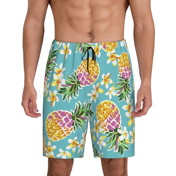 Balery Cute Pineapples Pantalones cortos de pijama de punto de algodón para hombre con cinturilla y bolsillos-Large