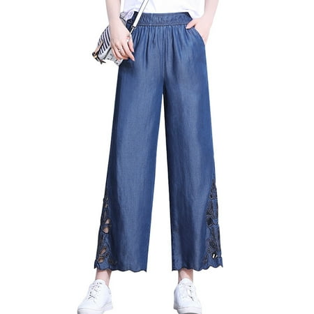 Casual Loose Denim Jeans Trouser For Women Girls Baggy Pure High Elastic Waist Hollow Denim Pants Wide Leg Palazzo Beach Party Holiday Trouser  Navy Blue