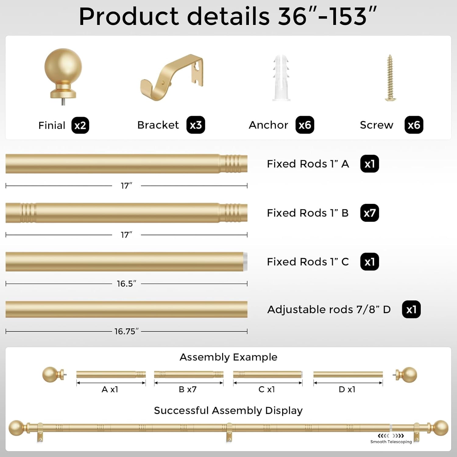UniMall Extra Long Gold Curtain Rod, 1 Inch Adjustable Heavy Duty Curtain Rods for Windows 72 to 144 Inch, Decorative Modern Window Treatment Rods, Splicing Metal Drapery Pole, Easy Installation
