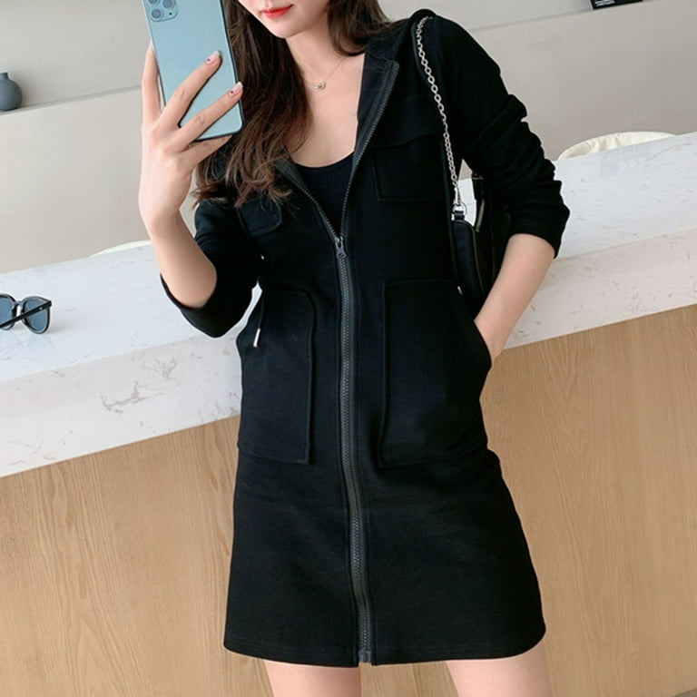 Hoodie Dress for Womens Solid Long Sleeve Full Zipper Up Sweatshirt Slim Fit Solid Pullover Tops Blouse