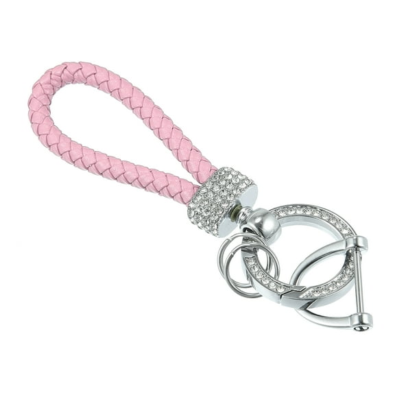 Car Fob Key Chain Keychains Holder for Men and Women PU Leather Rotatable with D Shaped Ring Bling Key Rings Set Pink