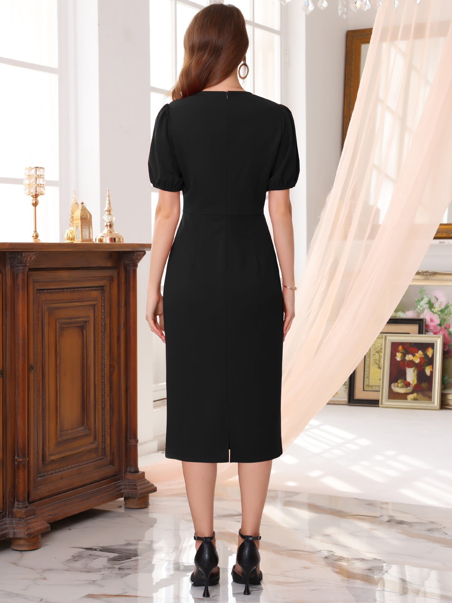 DARING DIVA Women's Puff Sleeve Wedding Guest Cocktail Midi Sheath Dress M Black