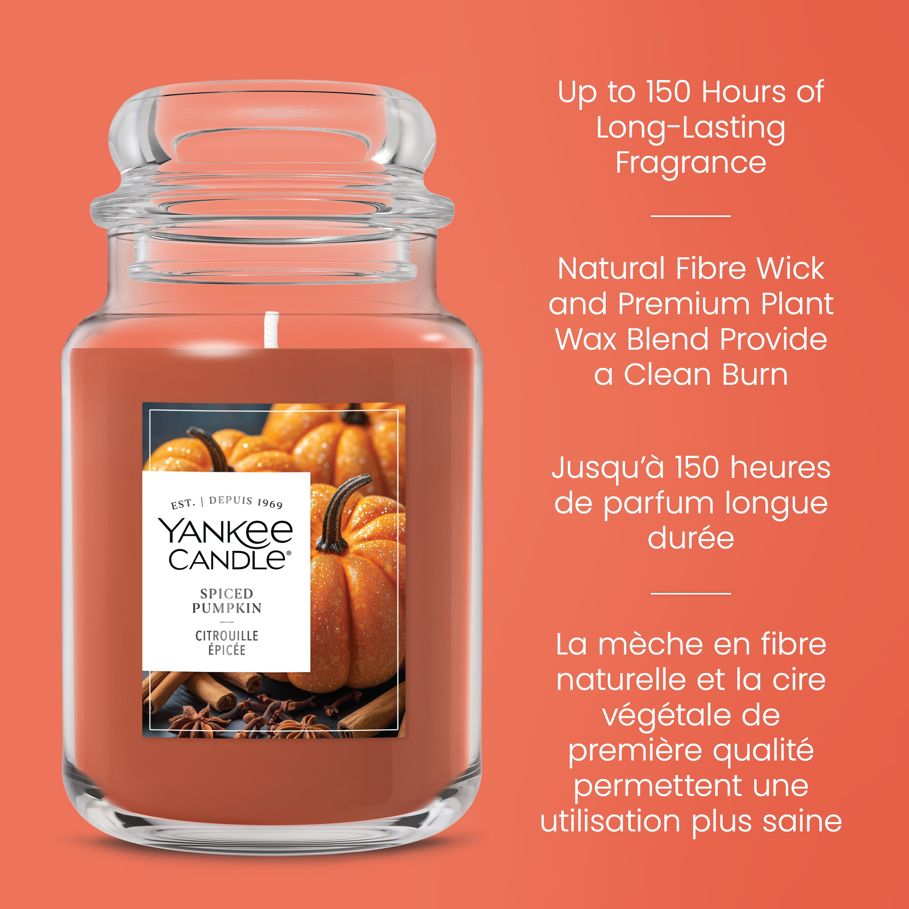Yankee Candle Scented Candle, Spiced Pumpkin, 22 oz Original Large Jar, Up to 150 Hours of Burn Time
