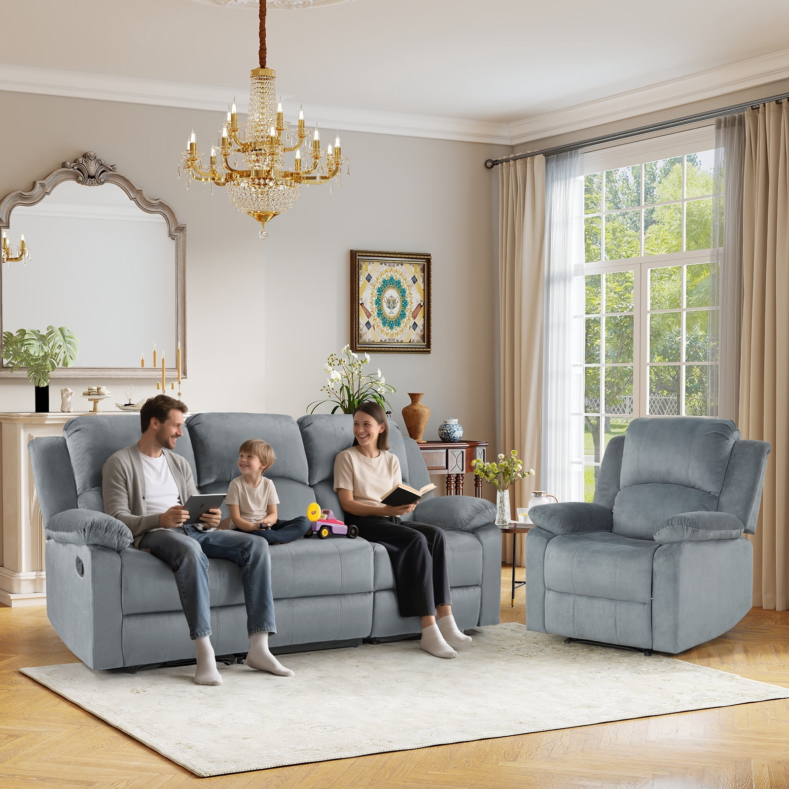 Bonzy Home Manual 3-Seat Reclining Sofa 3-Seater Couch with Overstuffed Arms & Backrest, Gray