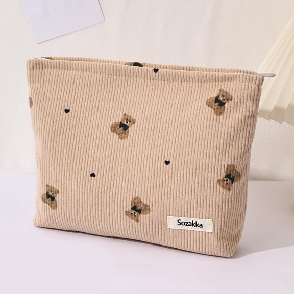 Corduroy Bear Shaped Pouch With Handle Cute Animal Makeup For Girls Travel Toiletry Organizer Storage66962