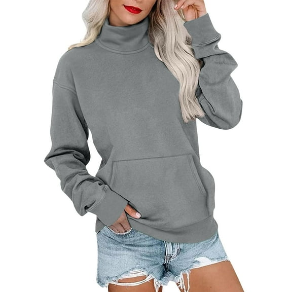 Otntypg Turtlneck Sweatshirts for Women Fall Casual Long Sleeve Pullover Tops Lightweight Comfy Basic Athletic T-Shirts with Pockets Gray L