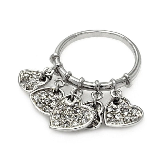 Rhodium Plated Sterling Silver 925 Multi Dangling Heart Ring Band White Cubic Zirconia Female Size 9