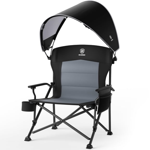 EVER ADVANCED Heavy Duty Oversized Camping Chair with Sun Canopy, Portable Folding Lawn Chair with Side Pockets, 500 lbs Weight Capacity, Black