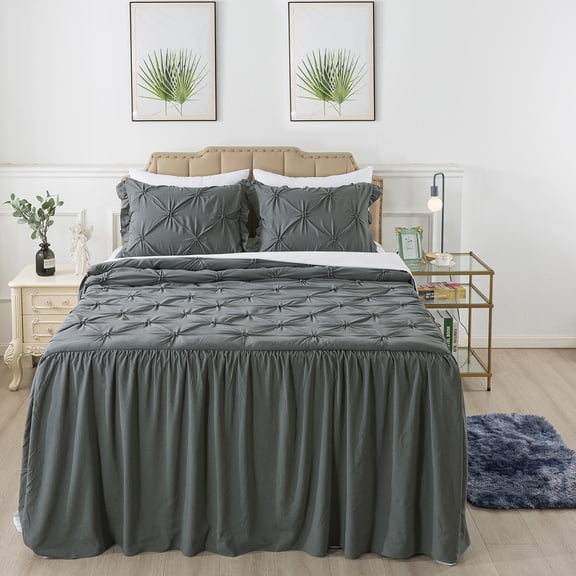 JML Queen Ruffle Skirt Bedspread Set 4 Piece, Pintuck Coverlet with Shams and Area Rugs