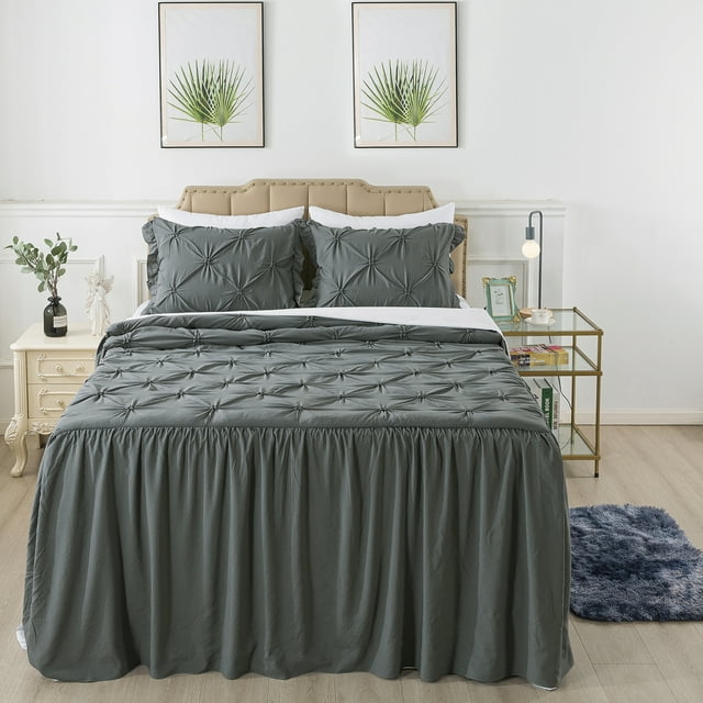 JML Queen Ruffle Skirt Bedspread Set 4 Piece, Pintuck Coverlet with Shams and Area Rugs