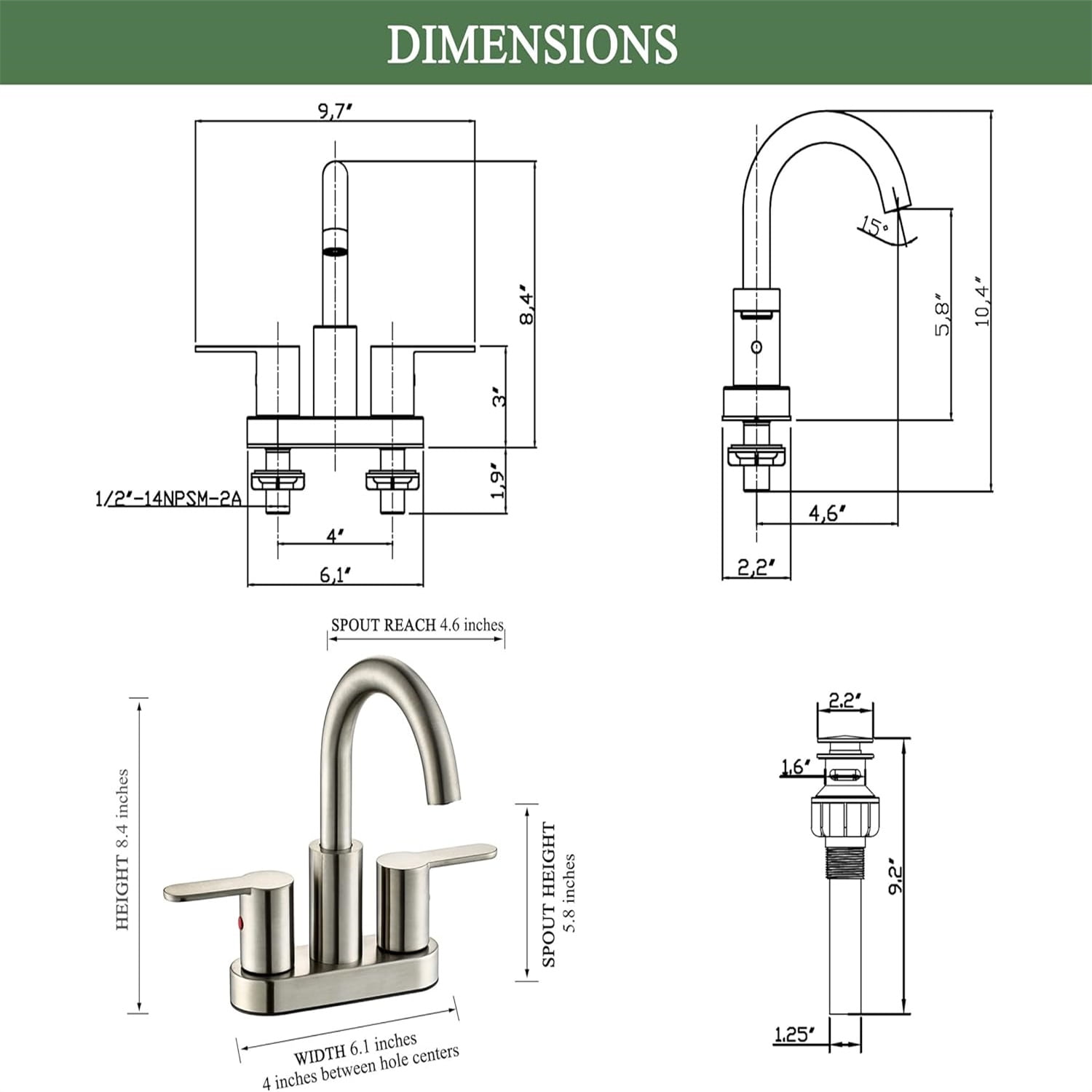 2 Handle Centerset Bathroom Sink Faucet Brushed Nickel with Drain Assembly, High Arc Modern 4 Inch Bathroom Vanity Lavatory Faucet 3 Holes with Brass 360° Swivel Spout,