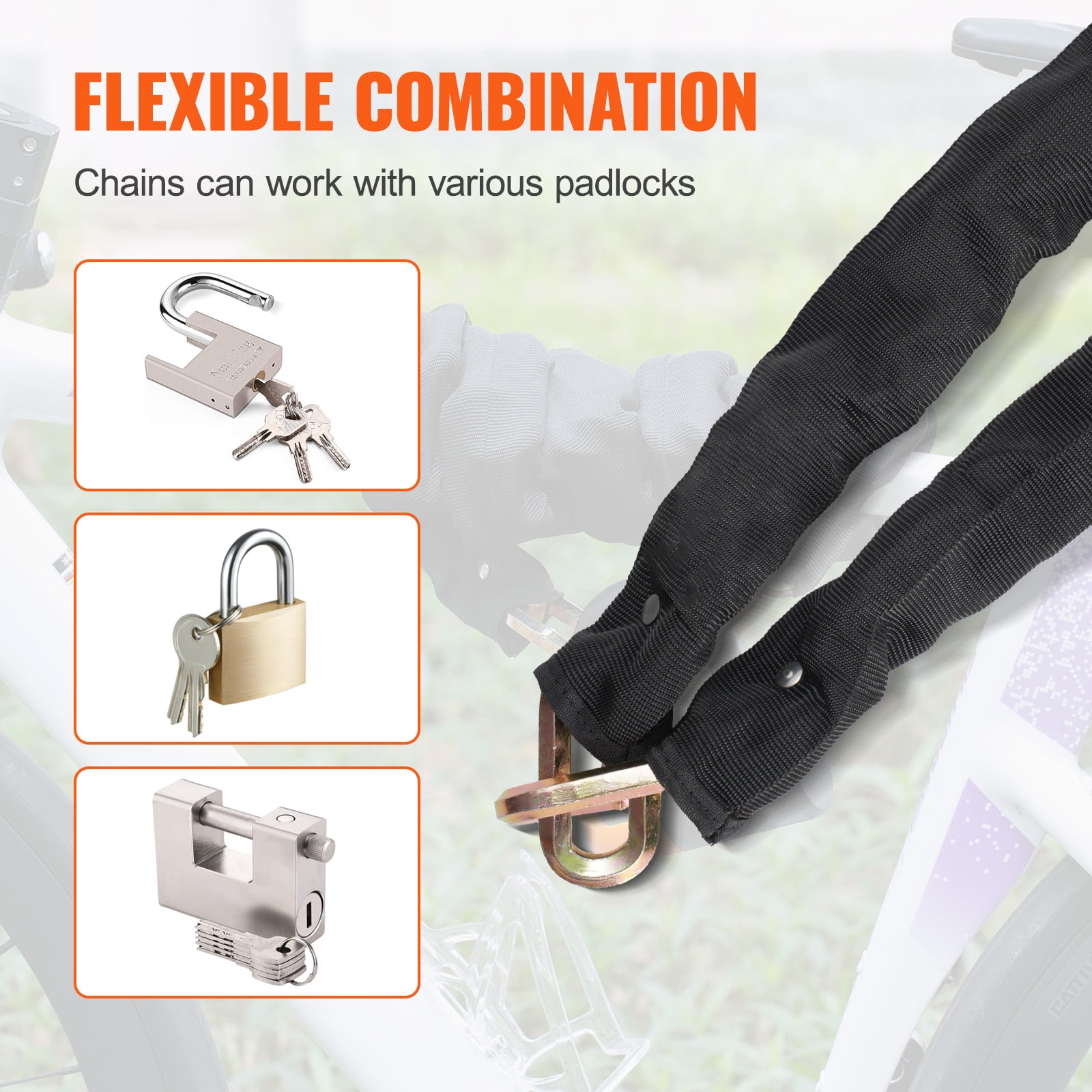 KFFKFF Chain Lock for Bikes, 5.91 Ft Durable Metal Steel, Anti-Theft Security for Bicycles, Motorcycles, Scooters, and Gates, 9.5mm Thickness, Black