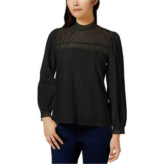 Kensie Womens Embroidered Knit Blouse, Black, Medium