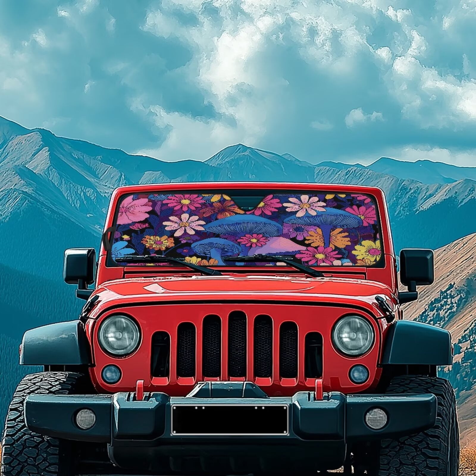 Uorisanigo Windshield Sun Shade Compatible with 2018-2025 Jeep Wrangler JL & 2/4 Door 4XE & 2020-2025 Jeep Gladiator JT 16.14"x52.95" Aesthetic Mushroom Front Window Sun Shade for Accessories