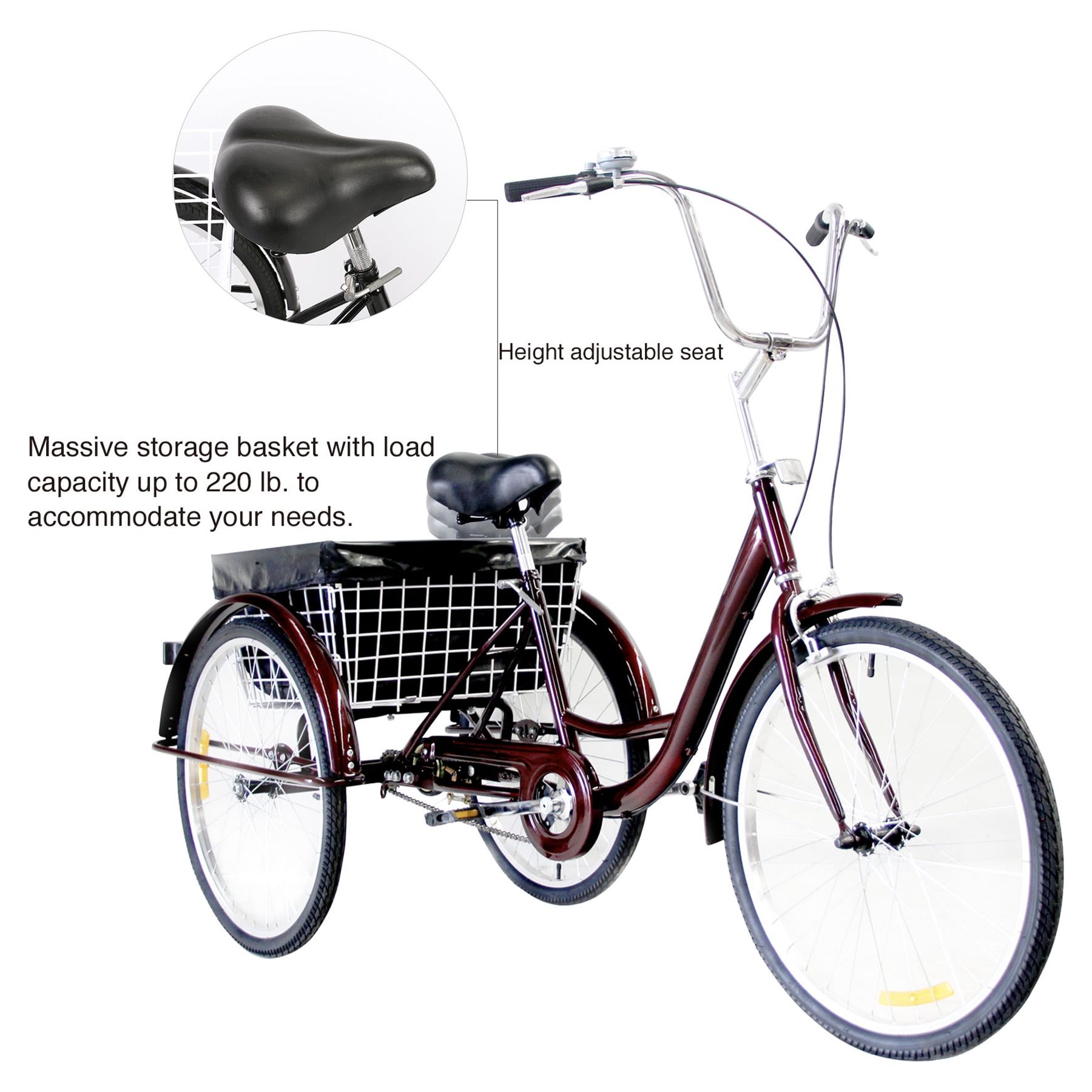 24" Adult Tricycle w/ Basket Brake & Fenders for Shopping & Outing RED