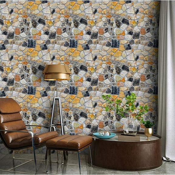 Stone Wallpaper, 3D Effect Blocks Yellow Black Multi Color Brick Peel and Stick Wallpaper, 17.7" x 393"