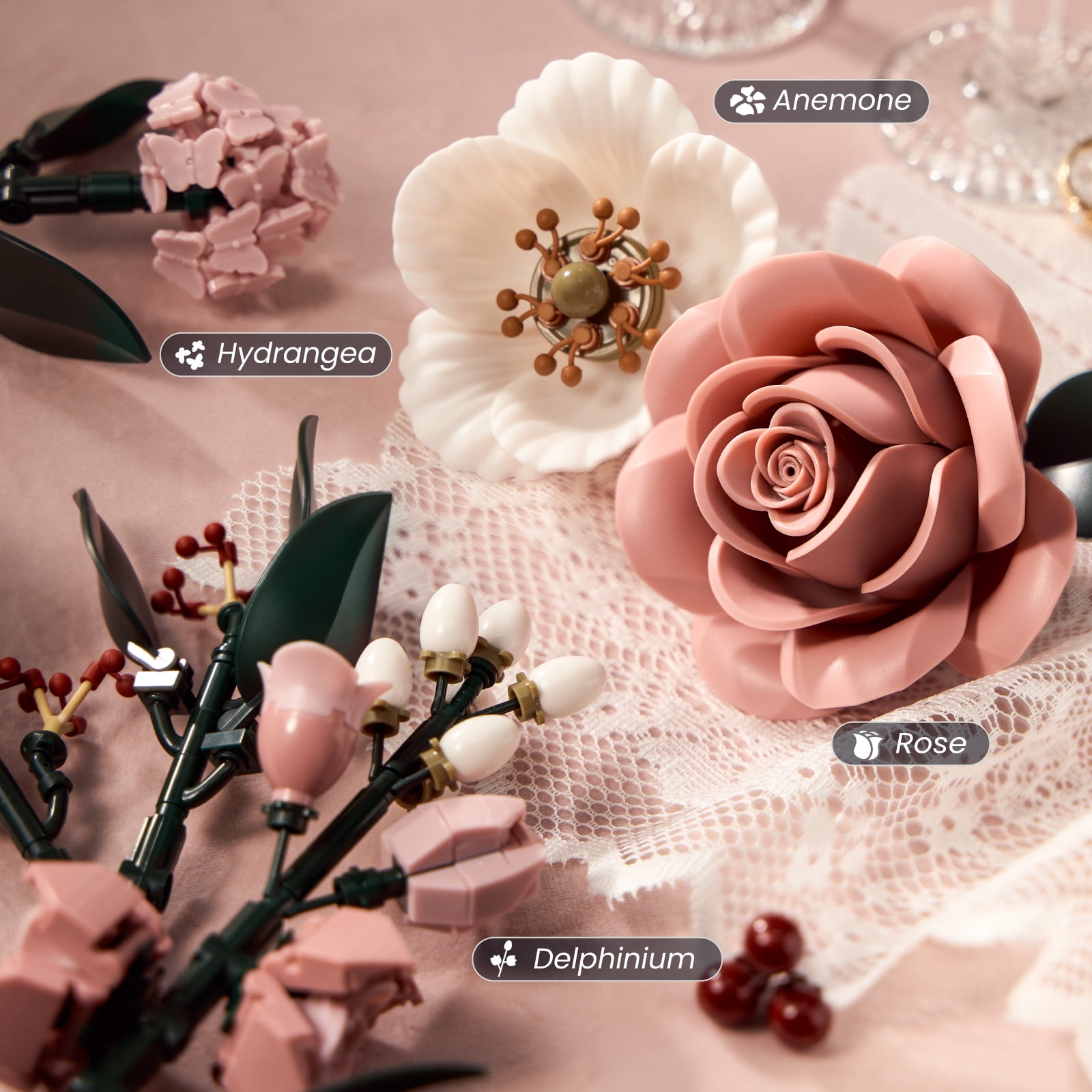 Pink Roses Flower Bouquet Building Set, Artificial Flowers Botanical Collection Kit for Adults Women & Men - Gift for Christmas, Home Room Office Shelf Centerpieces Decor