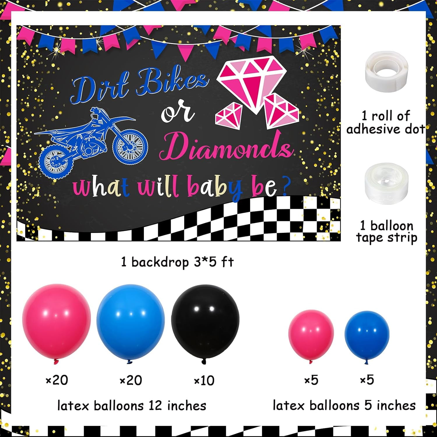Dirt Bikes or Diamonds Boy or Girl Gender Reveal Decor with What Will Baby Be Backdrop Banner Dirt Bikes or Diamonds Pink Blue Gender Reveal Balloon Arch Kit for He or She Baby Shower