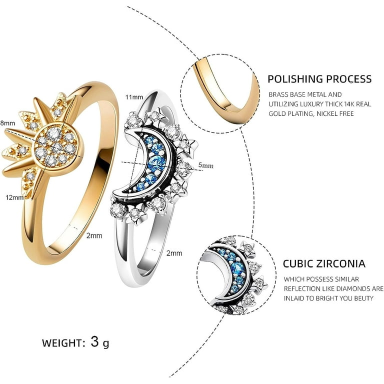 Celestial Sun and Moon Ring Set, Sparkling Sun Ring/Blue Moon Ring with 14k  Gold/Silver Plating, Friendship Promise Ring, Stackable Celestial Rings,  Gift for Women Girls 