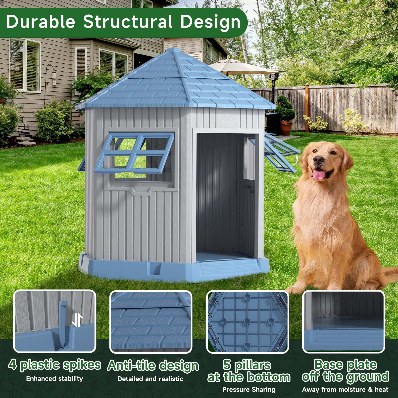 EasyUp Dog House Indoor Outdoor Durable Large Dog Shelter with Outside Dog Kennel with Window and Elevated Floor for Small Medium Dogs (Blue&Grey, 34.8 * 30.51 * 36.89)