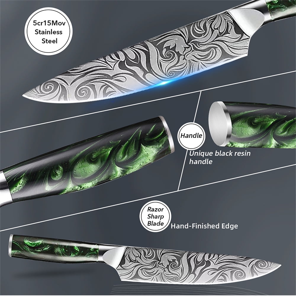 Myvit Damascus Steel Kitchen Knife 3-7Piece Set Japanese Santoku Knife Professional Chef Knife with Easy-Grip Resin Handle