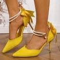 thumbnail image 2 of SCHUHLAND Women's Yellow Stiletto Pumps with Pearl Ankle Strap, Pointed Toe, Bowtie, 8.5cm Thin High Heels for Dress/Wedding, 2 of 16